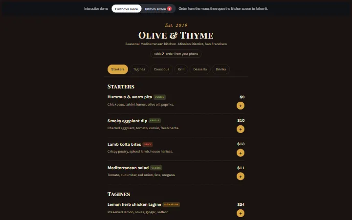 Olive & Thyme — Menu de restaurant